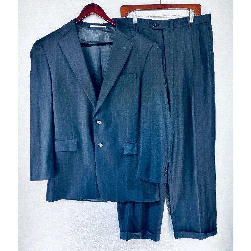 Hickey Freeman Suit Mens 42R Blue Wool 2 Piece Pinstripe Modern 34x29 Wedding